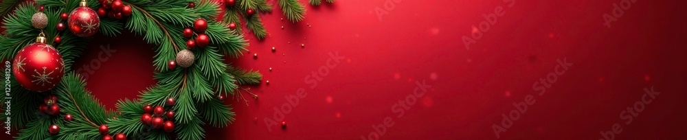Elegant pine branch wreath in a rich red background adorned with sparkling Christmas ornaments and berries, spruce, christmas, winter Elegant pine branch wreath in a rich red background adorned with sparkling Christmas ornaments and berries, spruce, christmas, winter