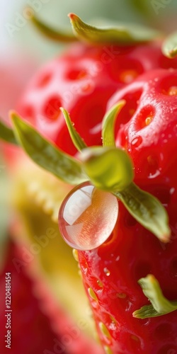 Wallpaper Mural A close-up image of a ripe strawberry with green leaves and a glistening water drop on the surface, macro, sweet, natural Torontodigital.ca