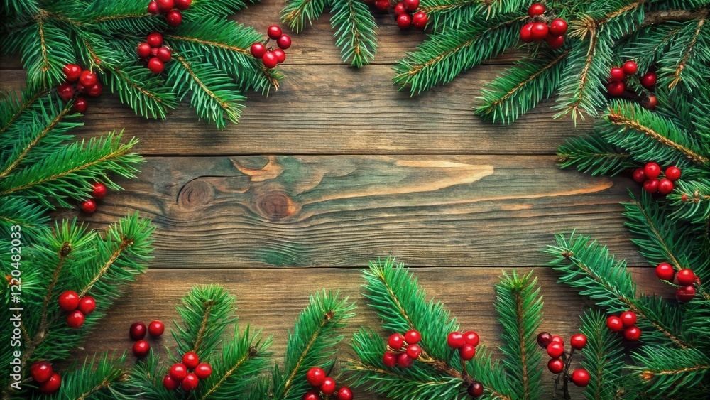 Rustic Wooden Background Decorated with Evergreen Branches and Red Berries for Festive Holiday Designs Rustic Wooden Background Decorated with Evergreen Branches and Red Berries for Festive Holiday Designs