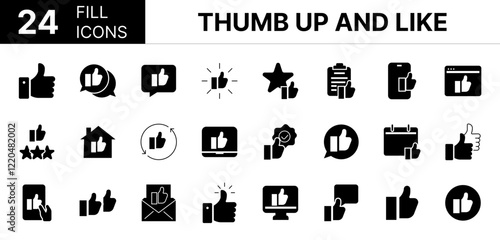 Collection of 24 Thumb up and fill line icons featuring editable strokes. These outline icons depict various modes of Thumb up and like, icon, outline, vector, ok, finger, good, pictogram, recommend, 