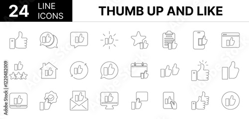 Collection of 24 Thumb up and like line icons featuring editable strokes. These outline icons depict various modes of Thumb up and like, icon, outline, vector, ok, finger, good, pictogram, recommend, 