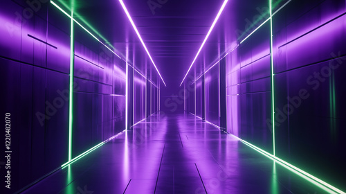 3D render, abstract futuristic background with neon green and purple glowing square shapes in the center of a dark cyber tunnel or corridor made from metallic structures