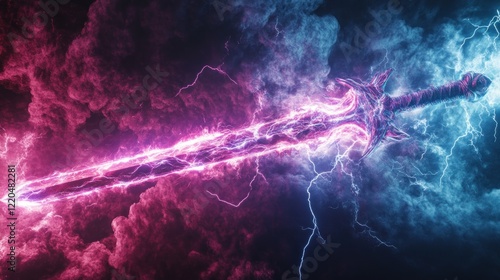 The flaming sword illuminates the surroundings with a magical fantasy effect, the fiery electric light that wraps around the sword layer is like an unquenchable spirit fire photo