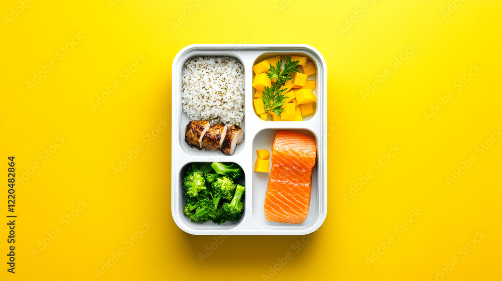 A colorful meal prep container featuring salmon, rice, broccoli, and mango, set against a bright yellow background. A colorful meal prep container featuring salmon, rice, broccoli, and mango, set against a bright yellow background.
