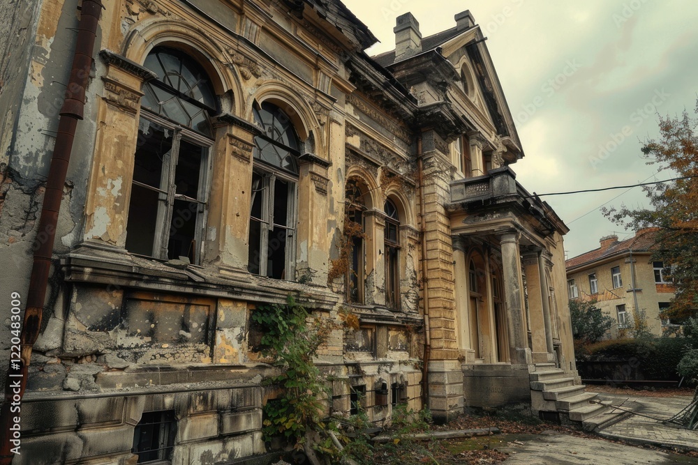 Crumbling facade of an abandoned mansion with broken windows, peeling paint, and overgrown vegetation, reflecting decay and neglect Crumbling facade of an abandoned mansion with broken windows, peeling paint, and overgrown vegetation, reflecting decay and neglect