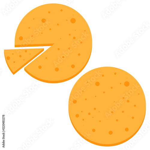 round cheese top view, Cylinder of fresh creamy,  Parmesan cheese. Dairy products, yellow cheese with a cut piece.