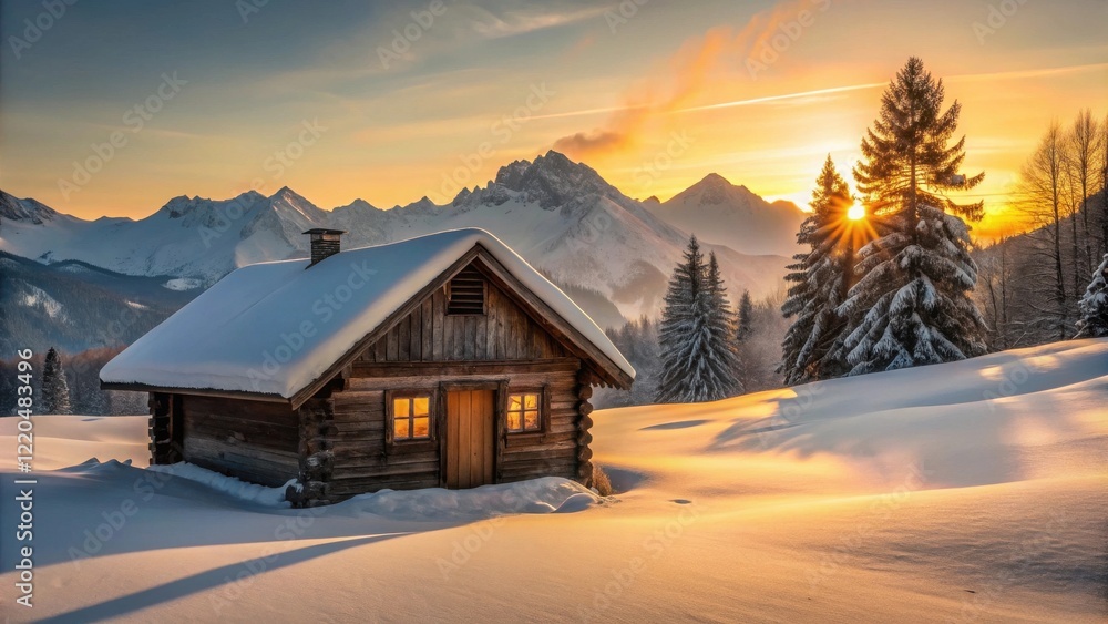 Fototapeta premium Rustic wooden cabin nestled in a snowy mountain landscape at sunset, illuminated windows, winter wonderland scene