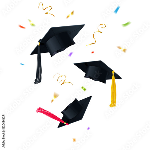 Graduation Caps Thrown Into the Sky and Colorful Confetti