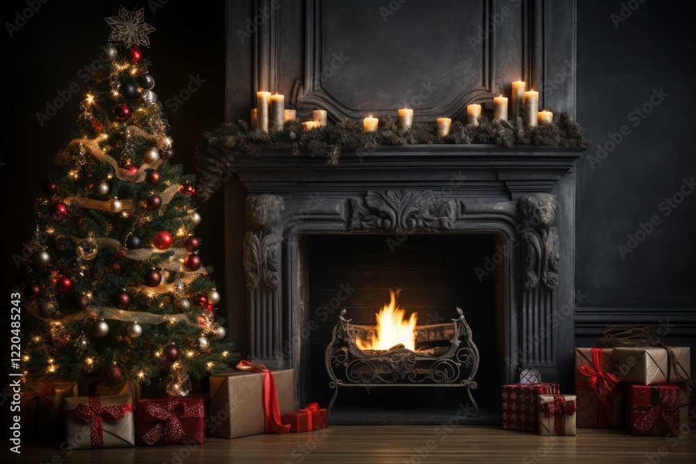 Burning fireplace and decorated christmas tree with presents under it, creating a cozy atmosphere in a dark room Burning fireplace and decorated christmas tree with presents under it, creating a cozy atmosphere in a dark room