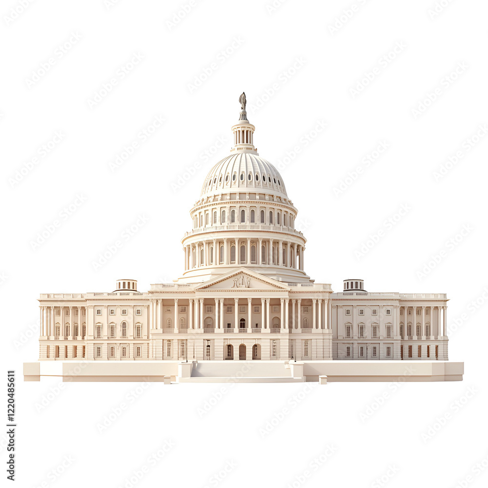 Fototapeta premium 3D front view illustration of a U.S. Capitol United States monument isolated on a white background. --stylize 300 --v 6.1.png