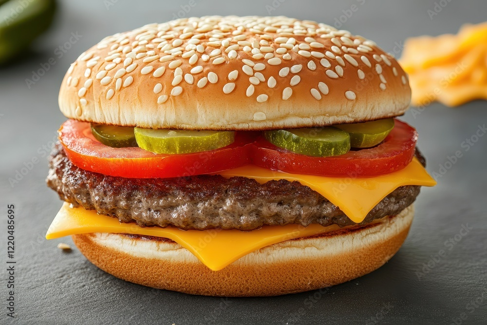 Juicy cheeseburger, sesame bun, kitchen, delicious Juicy cheeseburger, sesame bun, kitchen, delicious