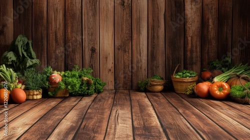 Rustic wooden display of fresh produce photo