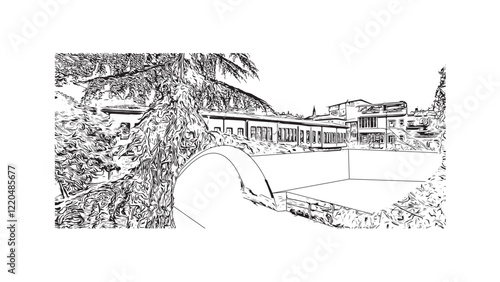Print Building view with landmark of Bursa inTurkey city. Hand drawn sketch illustration in vector.
