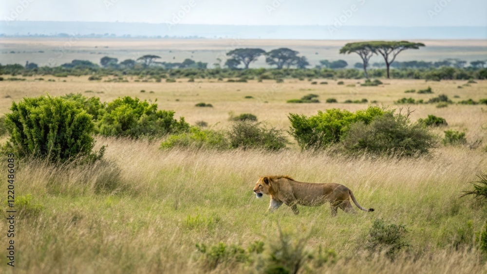 A lion stalking its prey through the tall grass and shrubs, safari, stalking, patient A lion stalking its prey through the tall grass and shrubs, safari, stalking, patient