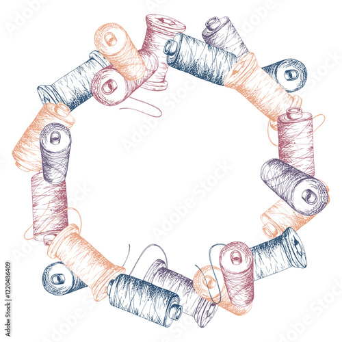 Thread bobbins spools skeins yarn, red indigo beige. Hand drawn ink vector illustration sewing embroidery stitching supplies. Frame wreath isolated white background. Design atelier, tailor, hobby shop