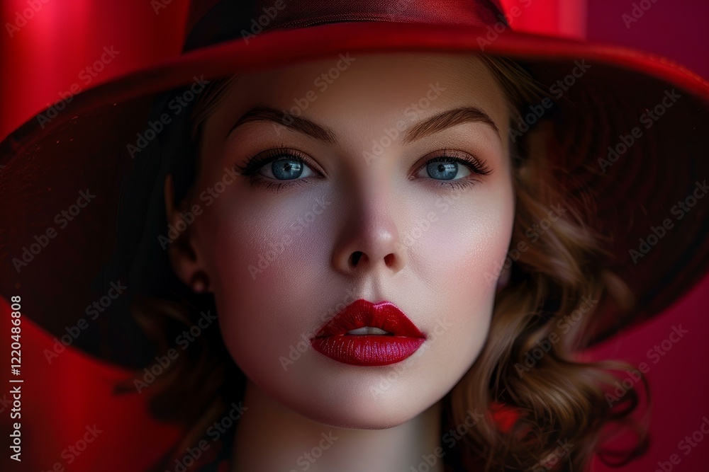 Close up portrait of a beautiful woman wearing red lipstick and a wide brimmed hat, creating a glamorous and stylish look Close up portrait of a beautiful woman wearing red lipstick and a wide brimmed hat, creating a glamorous and stylish look