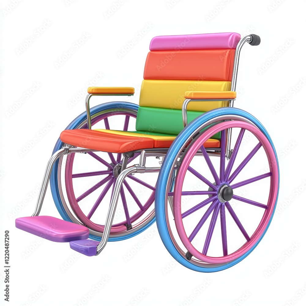 Fototapeta premium 3D icon cartoon rainbow-colored wheelchair, isolated on a white background 