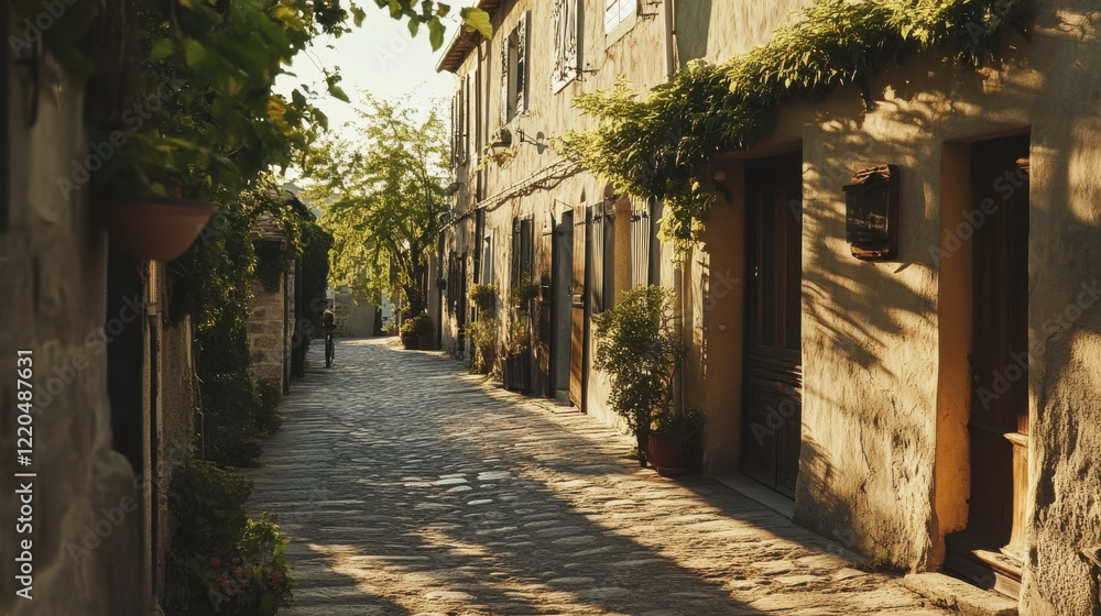 Obraz premium a charming countryside village with cobblestone streets, rustic cottages with ivy-clad walls, soft pastel tones