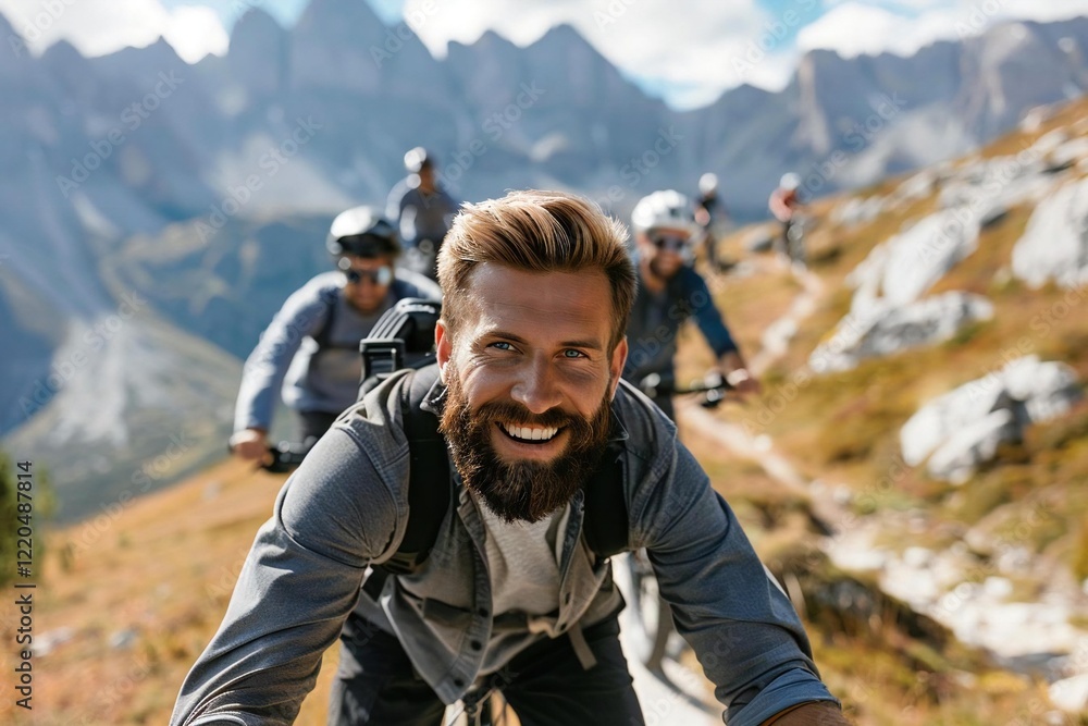 Handsome Caucasian Man with a Beard Leads Friends on Electric Bikes Through Breathtaking Mountain Scenery Handsome Caucasian Man with a Beard Leads Friends on Electric Bikes Through Breathtaking Mountain Scenery