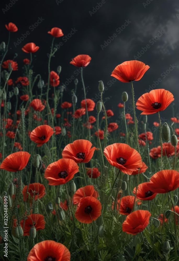 Obraz premium A majestic array of red poppy flowers against a dark and dramatic background, nature's beauty, black sky, botanical garden