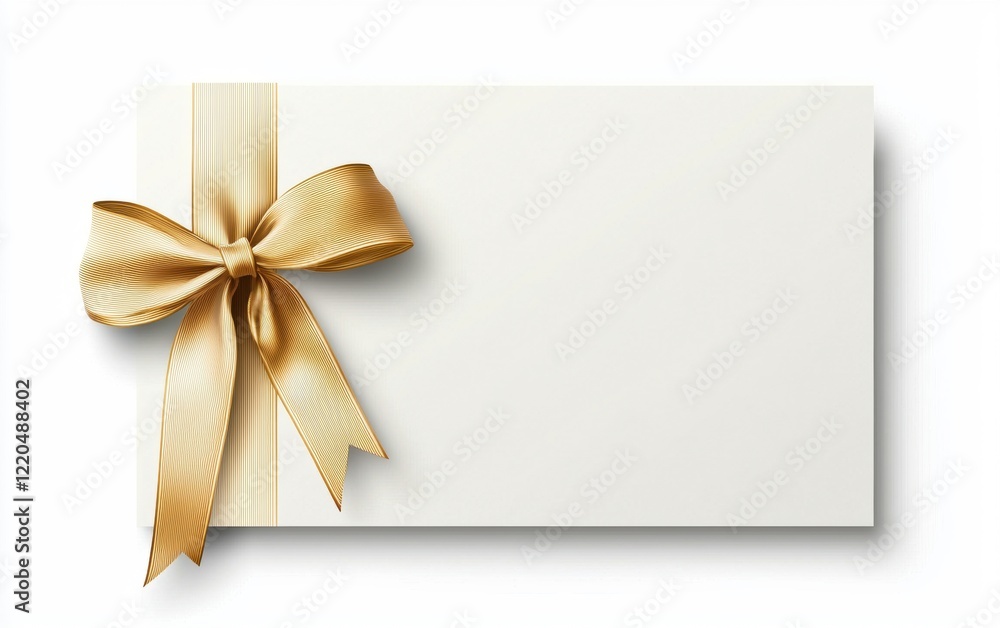 A minimalistic white gift card with a light gold ribbon and bow on the left side, offering space for text, isolated on a pristine white background A minimalistic white gift card with a light gold ribbon and bow on the left side, offering space for text, isolated on a pristine white background