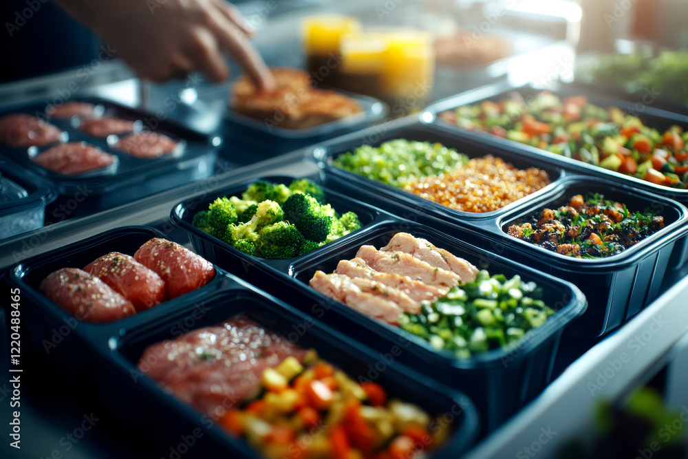 A colorful array of meal prep containers filled with meats and vegetables, showcasing healthy eating habits and organized meal management. A colorful array of meal prep containers filled with meats and vegetables, showcasing healthy eating habits and organized meal management.