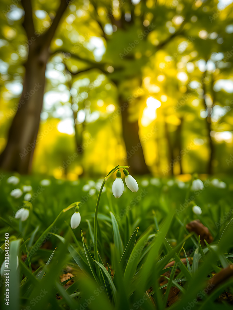 Obraz premium Beautiful spring nature, fresh snowdrops in stunning forest field in morning sunlight, soft beams, peaceful floral landscape. Inspire springtime natural closeup, blurred foliage bokeh trees leaves