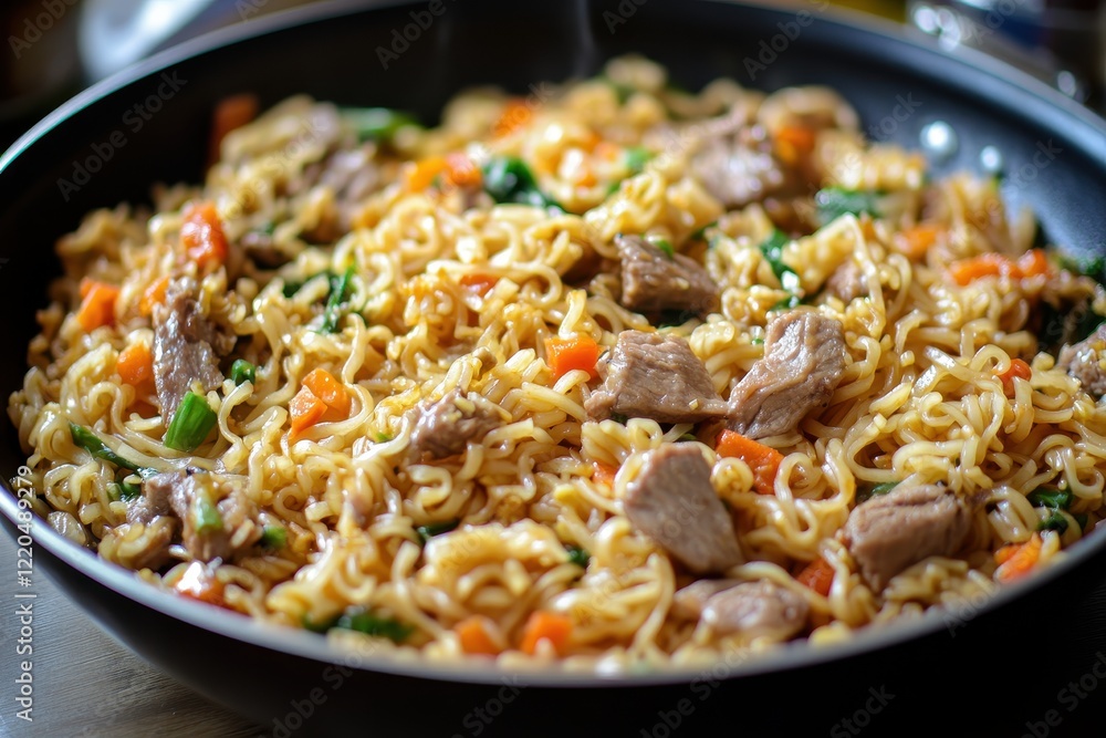 Beef noodle stir-fry cooking kitchen closeup Beef noodle stir-fry cooking kitchen closeup