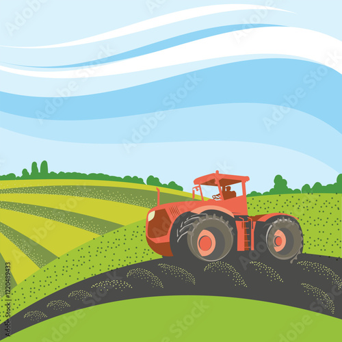 Tractor in the field, agricultural banner template