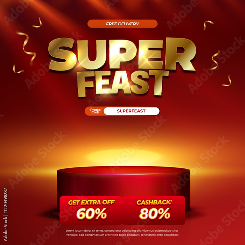 Special Super Sale deal promotional square Banner with Bold Gold Typography and Vibrant red Colors Professional Podium Showcase Design