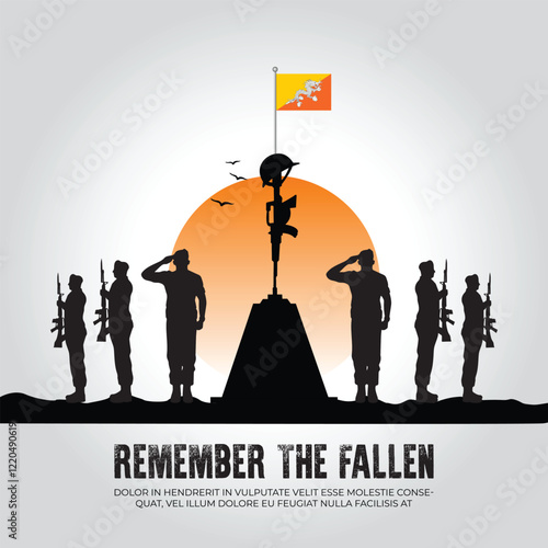 Bhutan flag in remember the fallen flag for morning sun and army design
