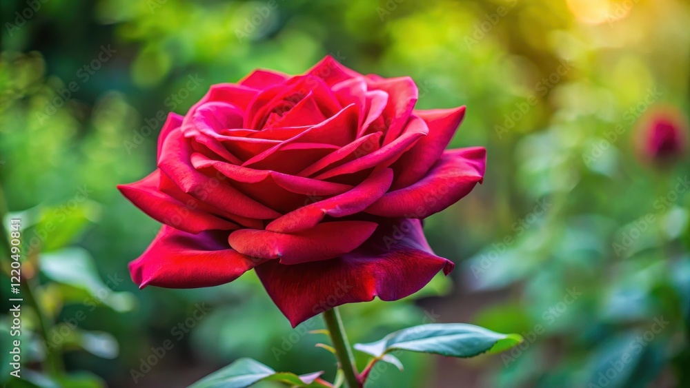 A delicate rosy-red rose with velvety petals unfolding from a slender stem in a peaceful garden setting, outdoors A delicate rosy-red rose with velvety petals unfolding from a slender stem in a peaceful garden setting, outdoors
