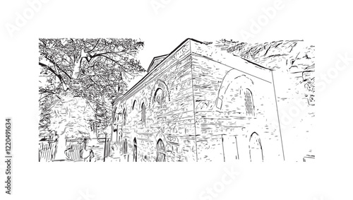 Print Building view with landmark of Bursa inTurkey city. Hand drawn sketch illustration in vector.