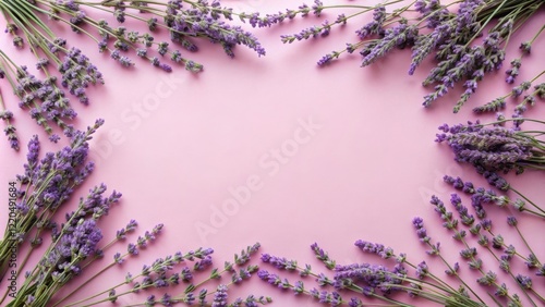 Lavender sprigs arranged in a frame on pink background for design projects