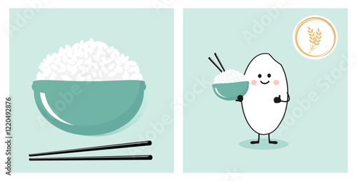 Rice bowl with chopsticks, rice cartoon and  logo sign on green background vector.
