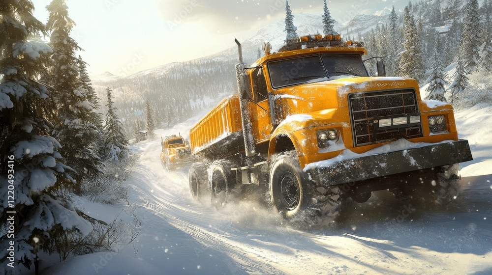 Bright Convoy Carving Through Snowy Winter Road Bright Convoy Carving Through Snowy Winter Road