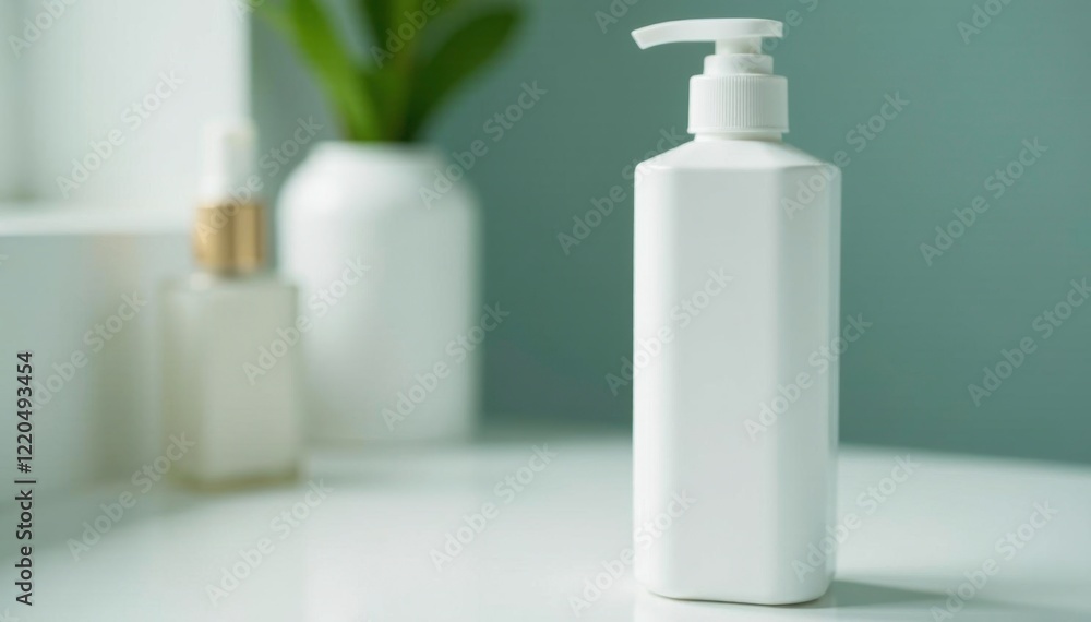 Empty white bottle of shampoo resting on a bathroom counter, shampoo, toiletries, bottle Empty white bottle of shampoo resting on a bathroom counter, shampoo, toiletries, bottle