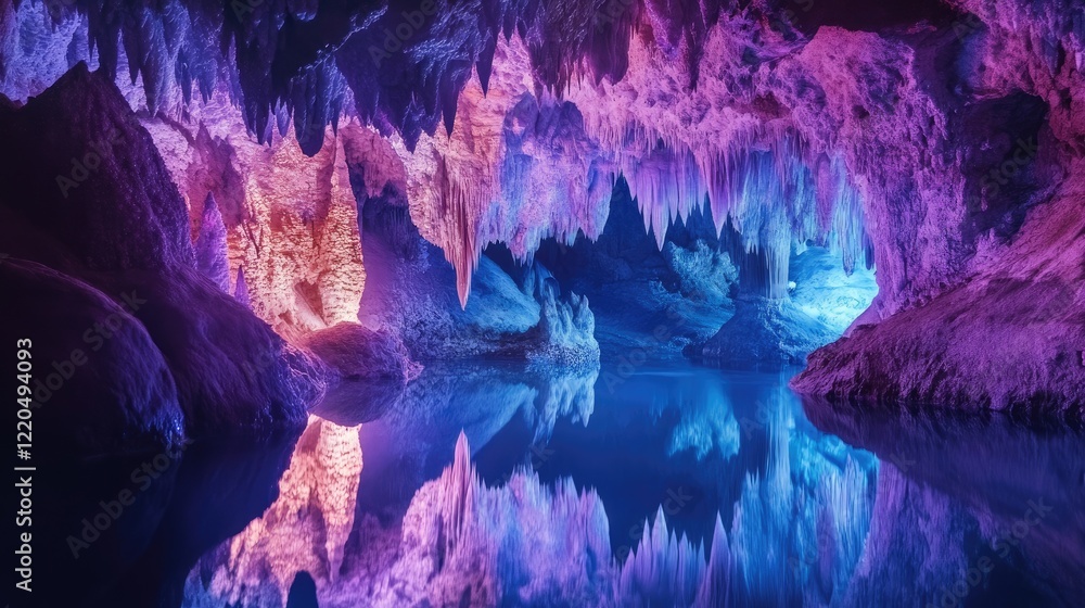 A magical underground cave with quartz and sapphire crystals glowing gently, illuminating a calm, mirror-like lake