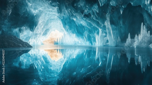 A magical underground cave with quartz and sapphire crystals glowing gently, illuminating a calm, mirror-like lake
