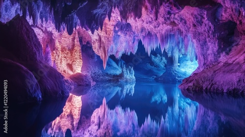 Obraz na płótnie A magical underground cave with quartz and sapphire crystals glowing gently, illuminating a calm, mirror-like lake w salonie