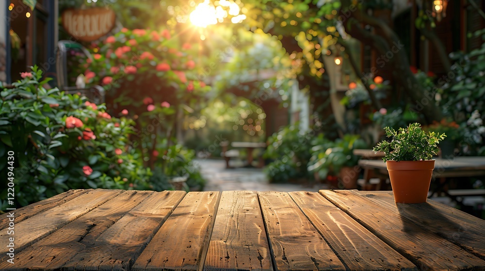 Wood desk in front of a natural garden background. Summer lifestyle concept Wood desk in front of a natural garden background. Summer lifestyle concept