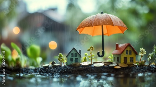Wallpaper Mural Umbrellas protect coins and miniature houses from rain, home protection through housing insurance that is owned so as to protect the house from large costs of damage etc Torontodigital.ca
