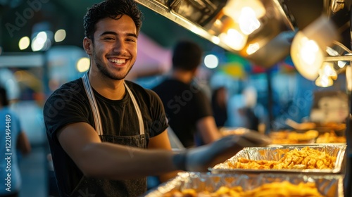 A smiling employee serving food to guests at an amusement park concession stand. photo