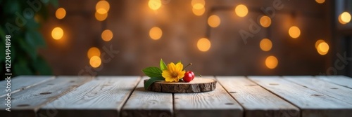 Empty white wooden table under twinkling bokeh lights, Wooden centerpiece, Dark tablecloth photo