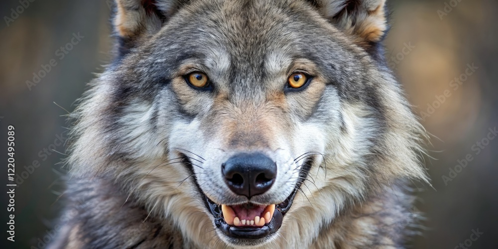 Fototapeta premium A close-up of a gray wolf's face with sharp teeth and piercing eyes looking directly at the camera, wildlife photography, wild animals, animals in action, hunting, gray wolf
