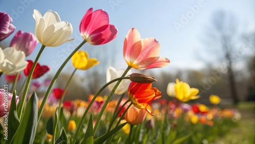 A close-up of colorful tulips swaying gently in the breeze on a sunny spring day, tulips, flowers