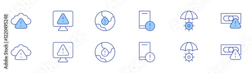 Risk icon set in two styles, Duotone and Thin Line style. Editable stroke. mobile, risk, money, cloud, alert, water shortage