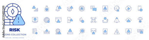 Risk icons collection. Line Duotone style, editable stroke. interruption, hazardous, alert, world, computer, caution, diagnostic, chat, poison, fire, risk