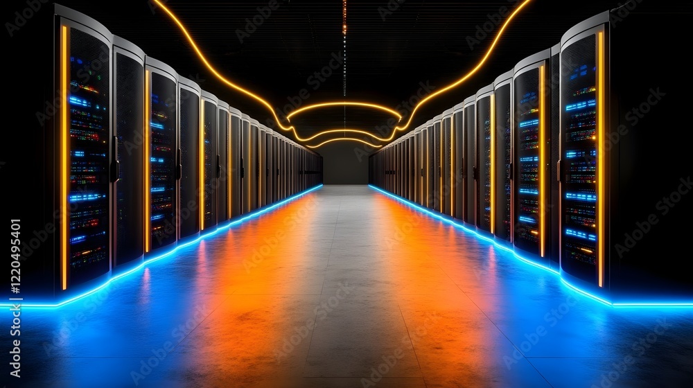 Fototapeta premium High-Tech Server Room with Neon Lights