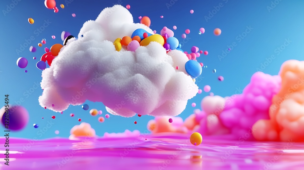 Whimsical Colorful Cloud With Floating Bubbles In A Dreamlike Landscape Whimsical Colorful Cloud With Floating Bubbles In A Dreamlike Landscape